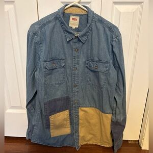 Levi’s Blue Denim Patchwork Colorblock Jean Button Up Men’s Cotton Shirt Size L